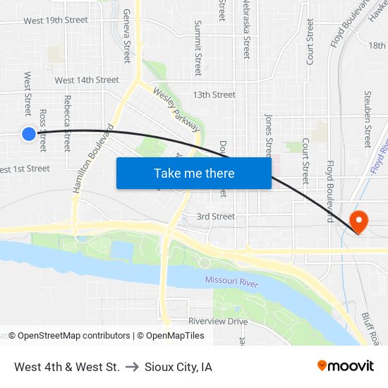 West 4th & West St. to Sioux City, IA map