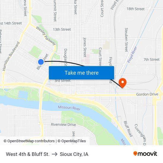 West 4th & Bluff St. to Sioux City, IA map