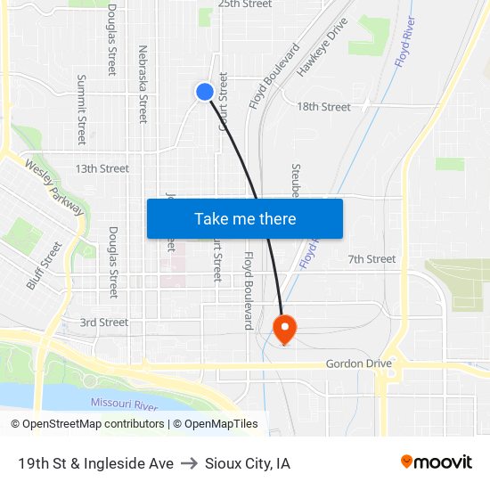 19th St & Ingleside Ave to Sioux City, IA map