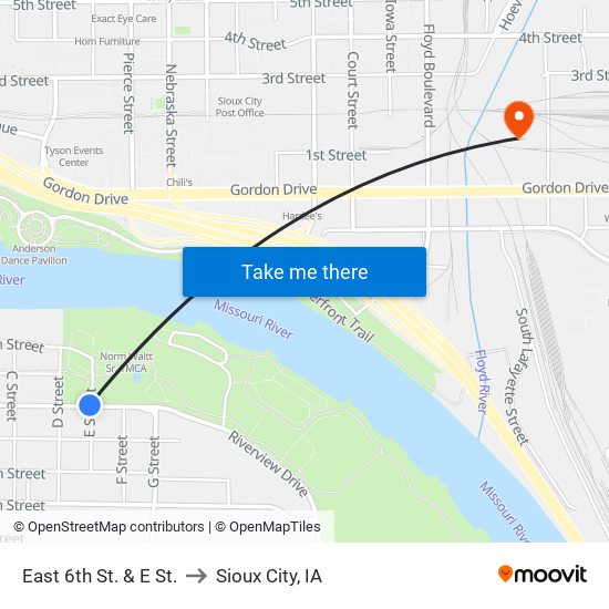 East 6th St. & E St. to Sioux City, IA map