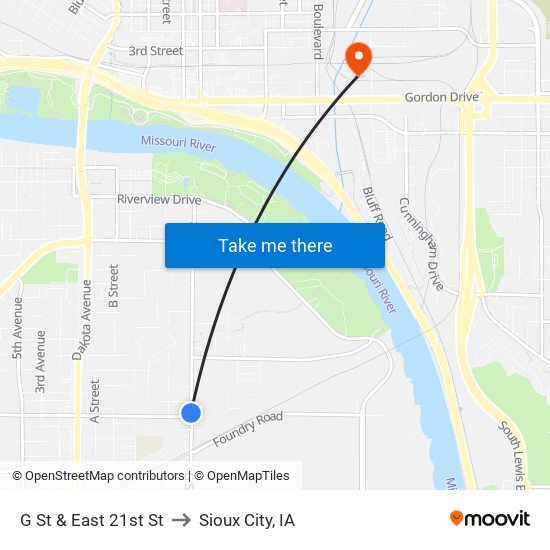 G St & East 21st St to Sioux City, IA map