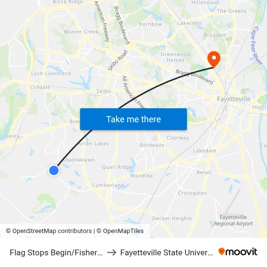 Flag Stops Begin/Fisher Rd to Fayetteville State University map
