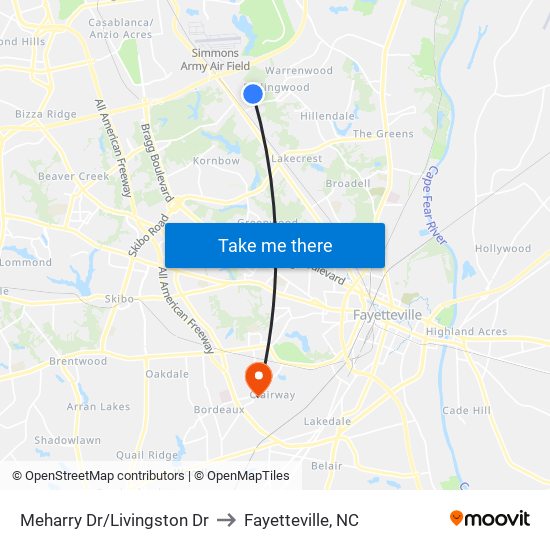 Meharry Dr/Livingston Dr to Fayetteville, NC map