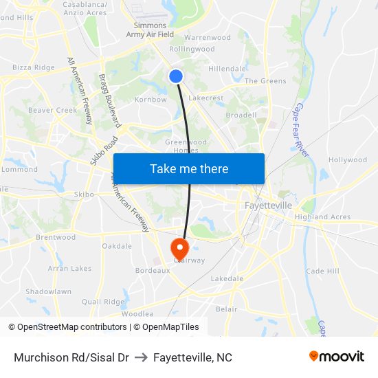 Murchison Rd/Sisal Dr to Fayetteville, NC map