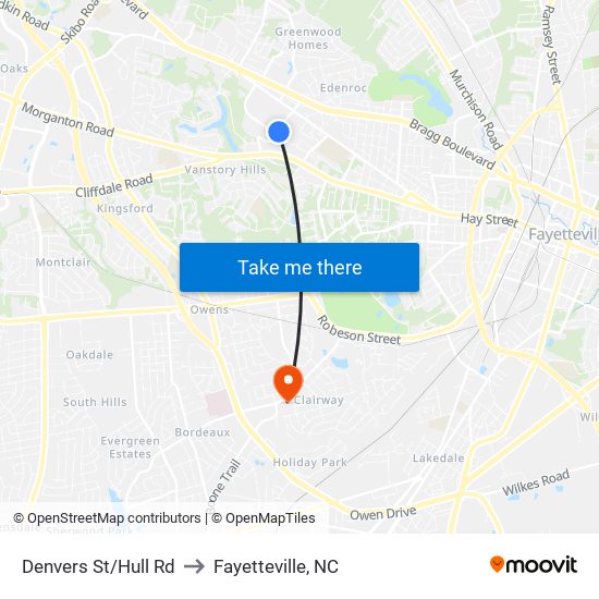 Denvers St/Hull Rd to Fayetteville, NC map