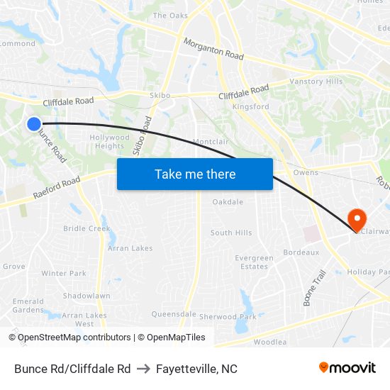 Bunce Rd/Cliffdale Rd to Fayetteville, NC map