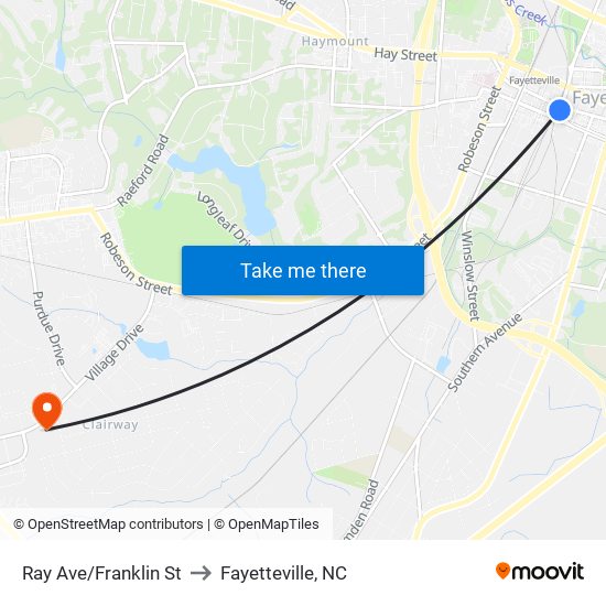 Ray Ave/Franklin St to Fayetteville, NC map