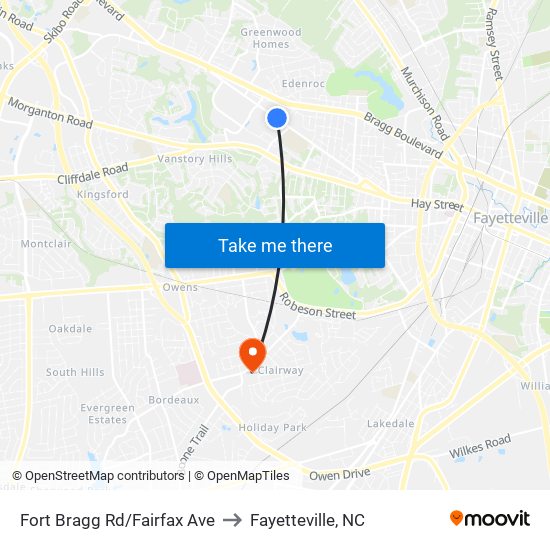 Fort Bragg Rd/Fairfax Ave to Fayetteville, NC map