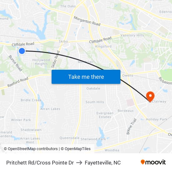 Pritchett Rd/Cross Pointe Dr to Fayetteville, NC map