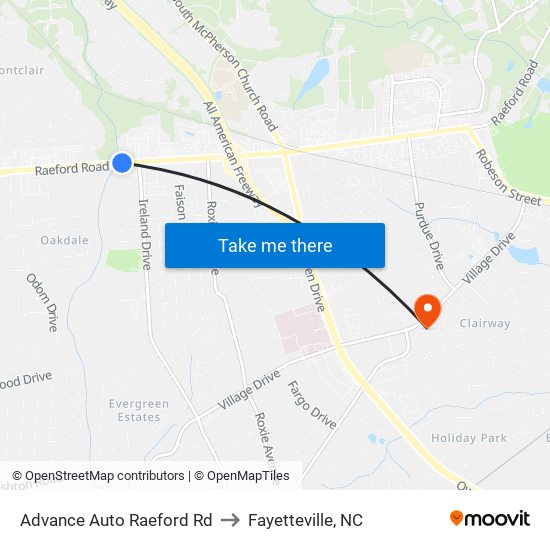 Advance Auto Raeford Rd to Fayetteville, NC map