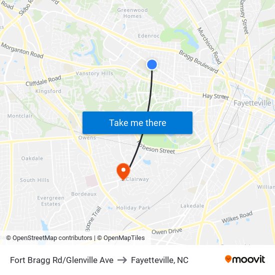 Fort Bragg Rd/Glenville Ave to Fayetteville, NC map