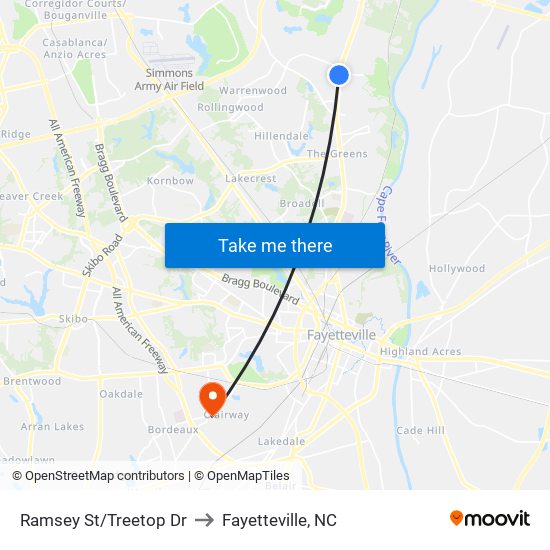 Ramsey St/Treetop Dr to Fayetteville, NC map