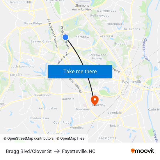 Bragg Blvd/Clover St to Fayetteville, NC map
