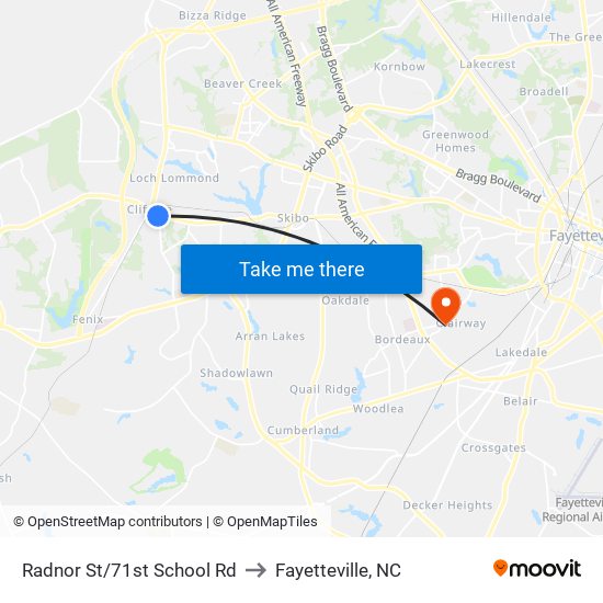 Radnor St/71st School Rd to Fayetteville, NC map
