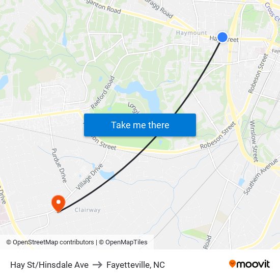 Hay St/Hinsdale Ave to Fayetteville, NC map