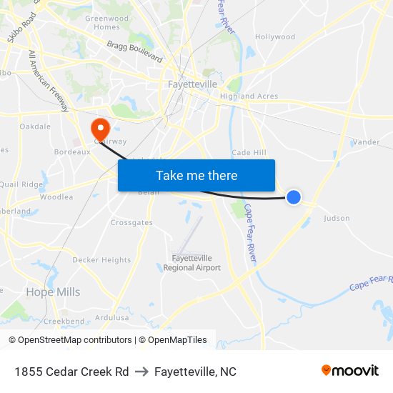 1855 Cedar Creek Rd to Fayetteville, NC map