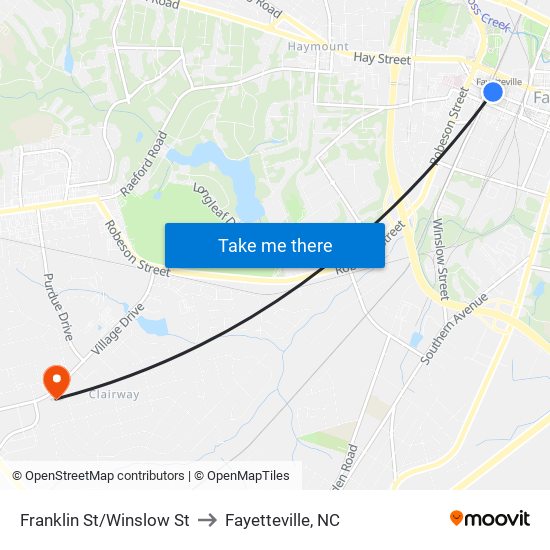 Franklin St/Winslow St to Fayetteville, NC map