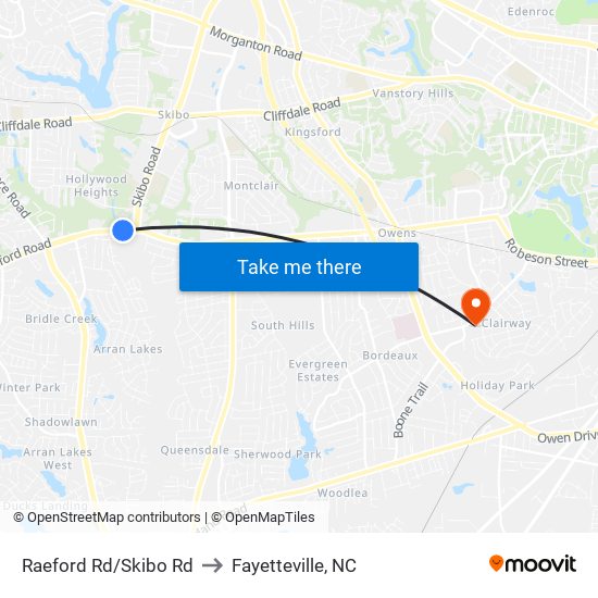 Raeford Rd/Skibo Rd to Fayetteville, NC map