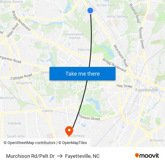 Murchison Rd/Pelt Dr to Fayetteville, NC map