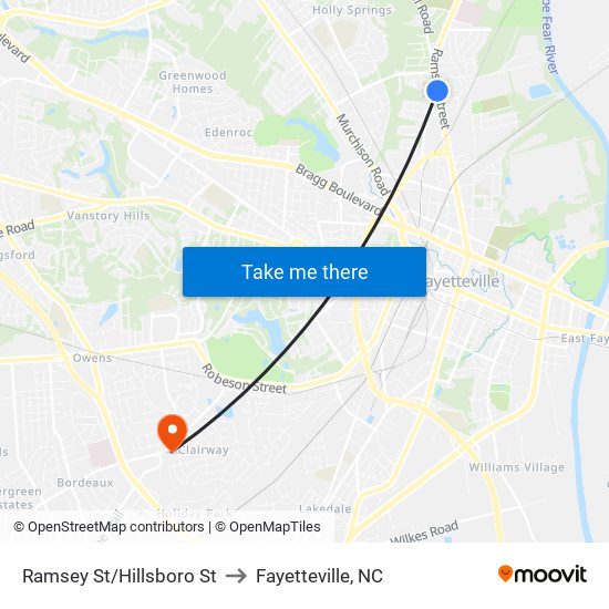 Ramsey St/Hillsboro St to Fayetteville, NC map