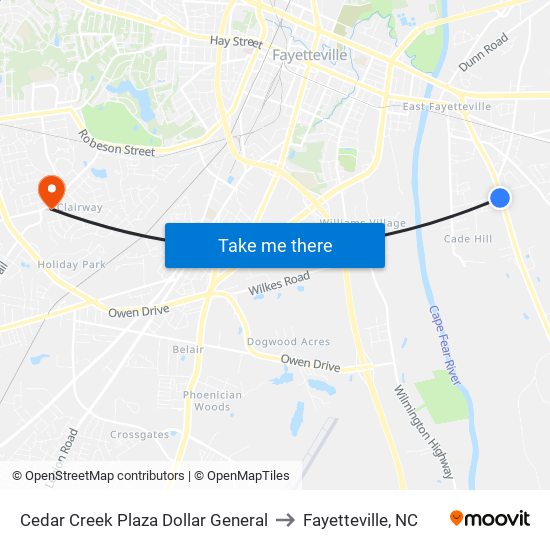 Cedar Creek Plaza Dollar General to Fayetteville, NC map