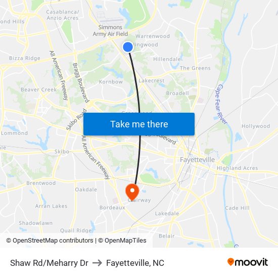 Shaw Rd/Meharry Dr to Fayetteville, NC map