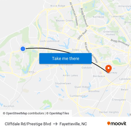 Cliffdale Rd/Prestige Blvd to Fayetteville, NC map