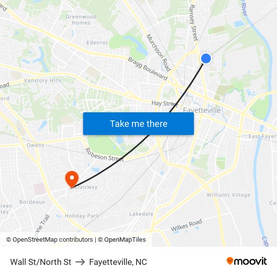 Wall St/North St to Fayetteville, NC map