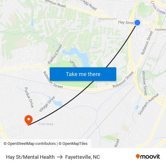 Hay St/Mental Health to Fayetteville, NC map