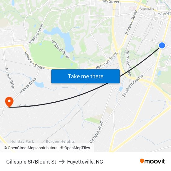 Gillespie St/Blount St to Fayetteville, NC map