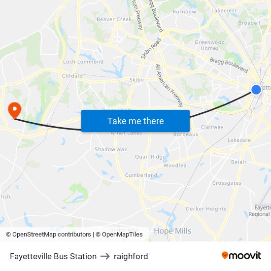 Fayetteville Bus Station to raighford map