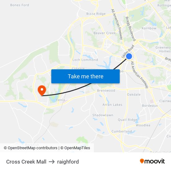 Cross Creek Mall to raighford map
