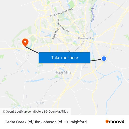 Cedar Creek Rd/Jim Johnson Rd to raighford map