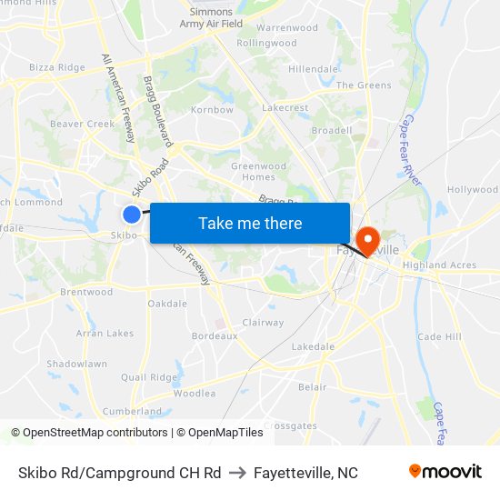 Skibo Rd/Campground CH Rd to Fayetteville, NC map