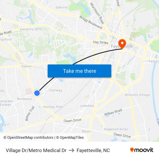 Village Dr/Metro Medical Dr to Fayetteville, NC map