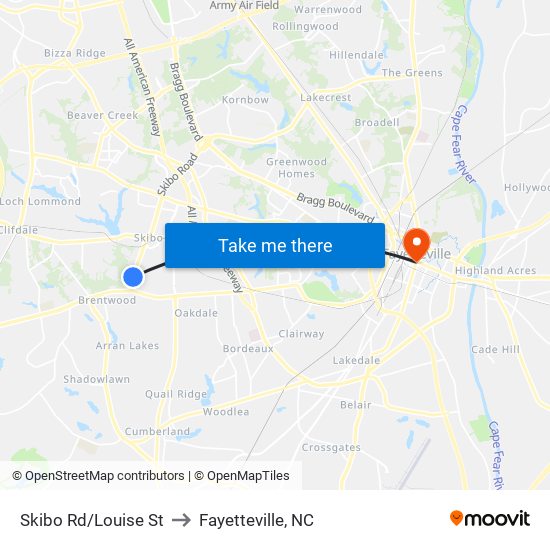 Skibo Rd/Louise St to Fayetteville, NC map