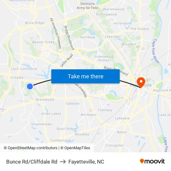 Bunce Rd/Cliffdale Rd to Fayetteville, NC map