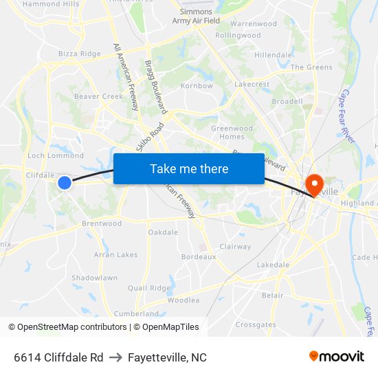 6614 Cliffdale Rd to Fayetteville, NC map