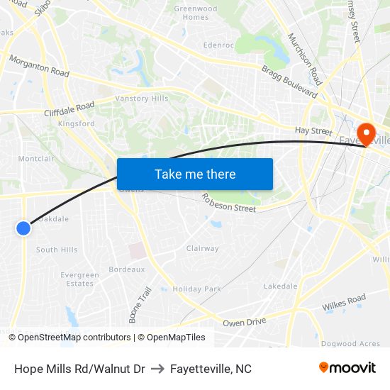 Hope Mills Rd/Walnut Dr to Fayetteville, NC map