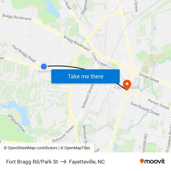 Fort Bragg Rd/Park St to Fayetteville, NC map