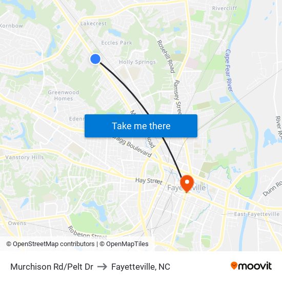 Murchison Rd/Pelt Dr to Fayetteville, NC map