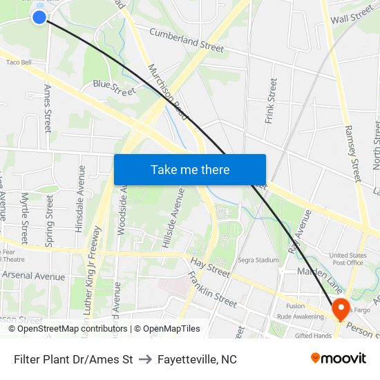 Filter Plant Dr/Ames St to Fayetteville, NC map