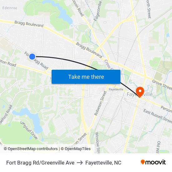 Fort Bragg Rd/Greenville Ave to Fayetteville, NC map