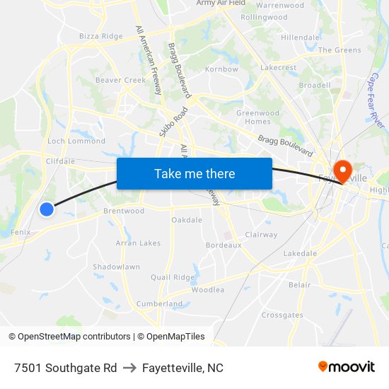 7501 Southgate Rd to Fayetteville, NC map