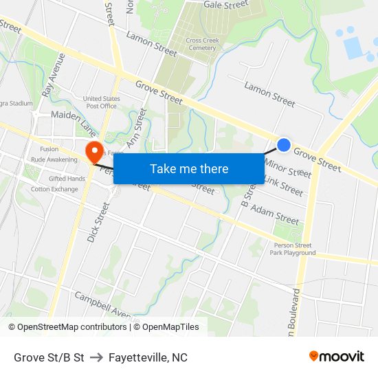 Grove St/B St to Fayetteville, NC map