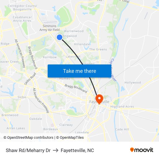 Shaw Rd/Meharry Dr to Fayetteville, NC map