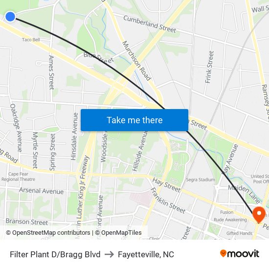 Filter Plant D/Bragg Blvd to Fayetteville, NC map