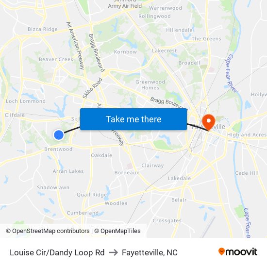 Louise Cir/Dandy Loop Rd to Fayetteville, NC map