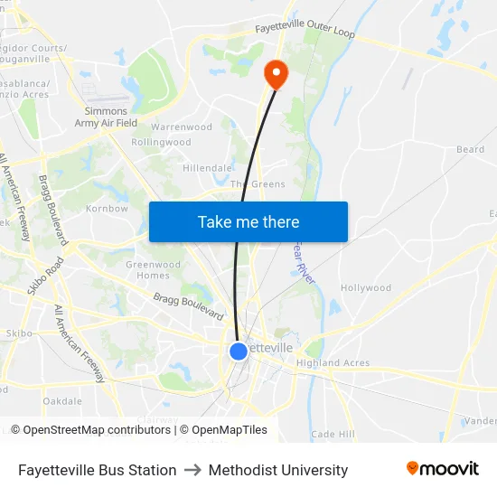 Fayetteville Bus Station to Methodist University map