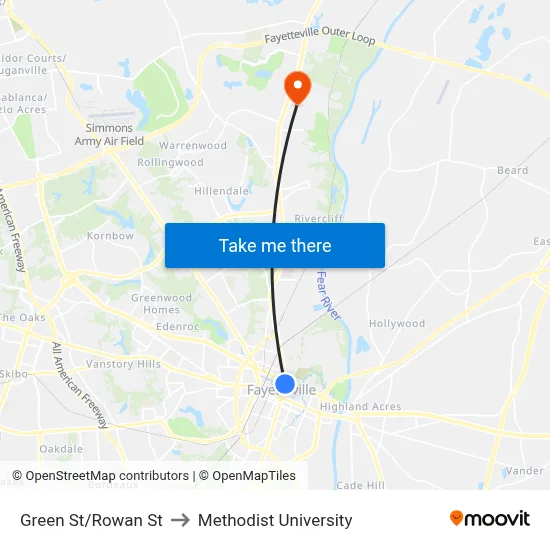 Green St/Rowan St to Methodist University map